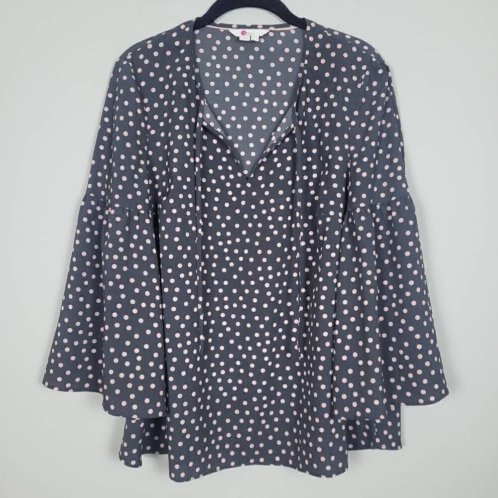 Boden Womens Size 8 Pullover Blouse Gray Pink Polka Dot Tie Neck Bell Sleeves